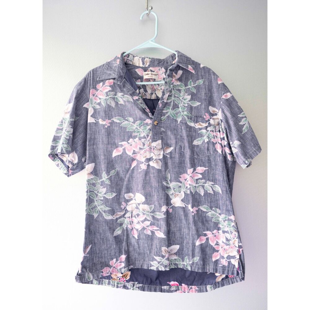 Vintage Cooke Street Unisex Blue Floral Hawaiian Print Short Sleeve Shirt Size M